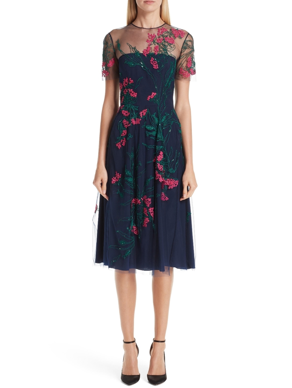 CAROLINA HERRERA Navy Pink Mesh Illusion Tulle Embroidery Embellished Size 8